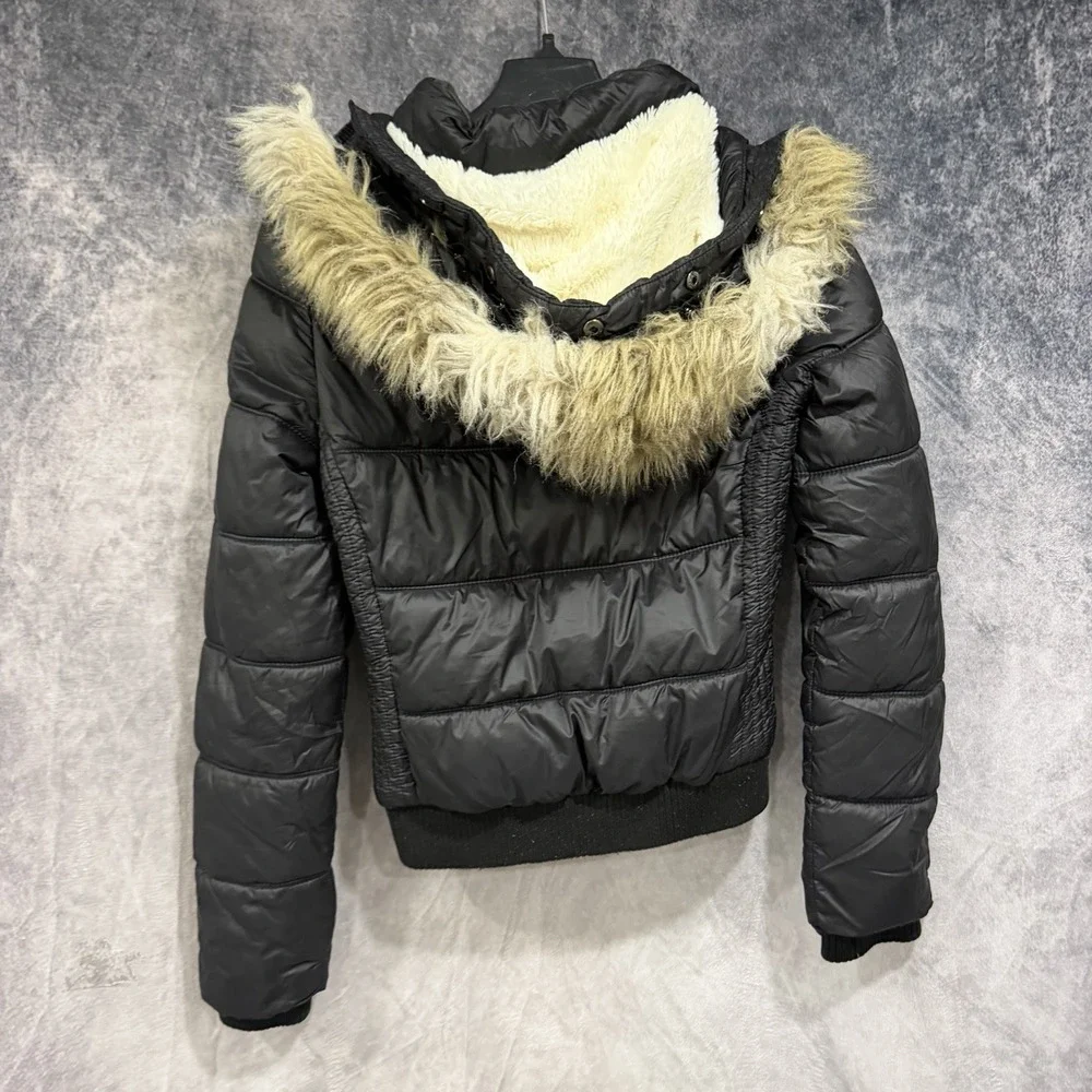 American Eagle Outfitters Womens M Black Puffer Jacket Faux Fur Hood Winter Coat